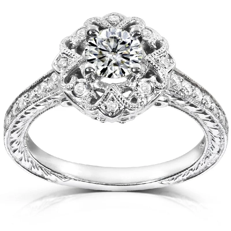 Annello by Kobelli 14k White Gold 2/3ct TGW Moissanite and Diamond Antique Floral Engagement Ring