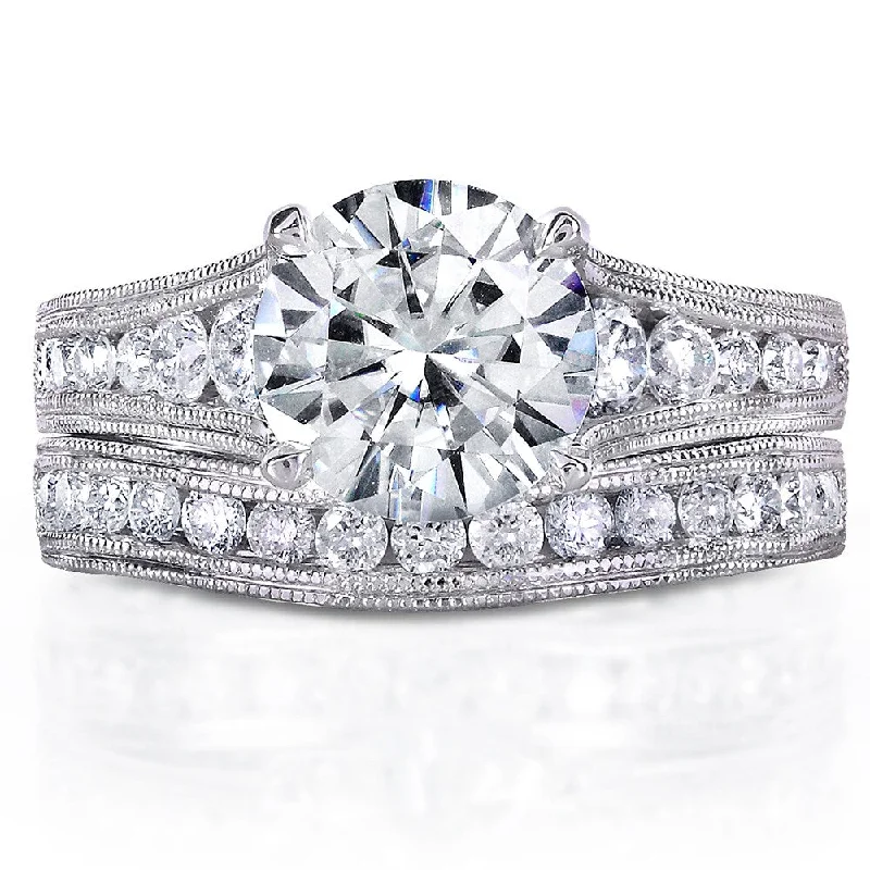 Annello by Kobelli 14k White Gold 2 4/5ct TGW Forever One DEF Moissanite and Diamond Channel Milgrain Vintage Bridal Set