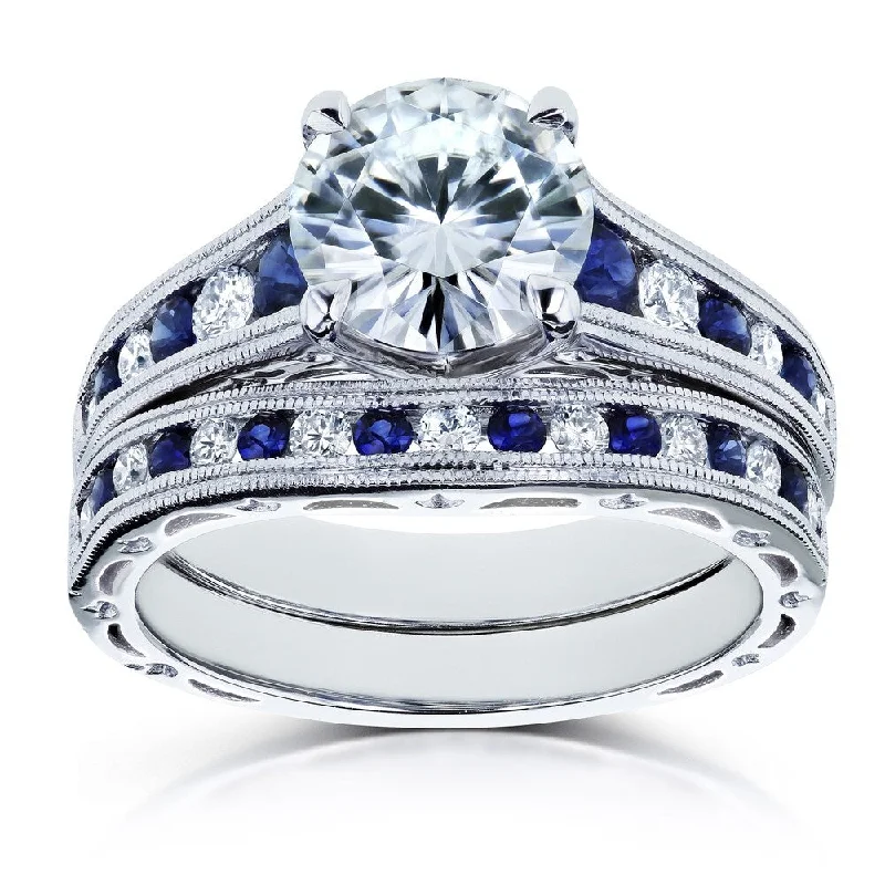 Annello by Kobelli 14k White Gold 2 7/8 Carats TGW Forever One Moissanite (DEF) with Diamond and Sapphire Bands 2pc Bridal Set