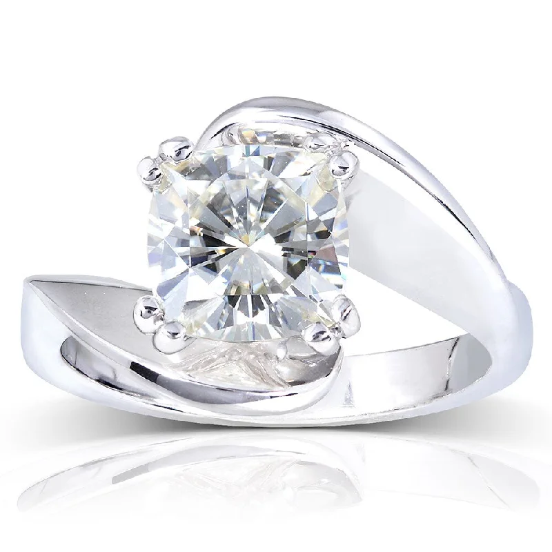 Annello by Kobelli 14k White Gold 2ct Cushion Forever One Moissanite Wide Bypass Style Solitaire Unique Engagement Ring