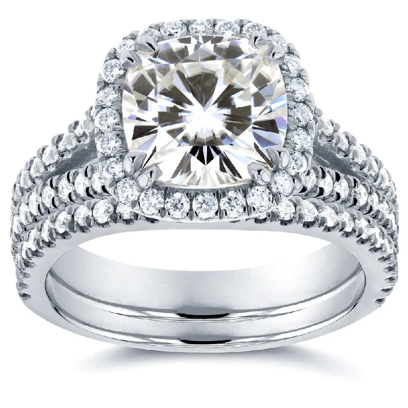 Annello by Kobelli 14k White Gold 2ct Forever One Moissanite and 3/4ct TDW Diamond Halo Split Shank