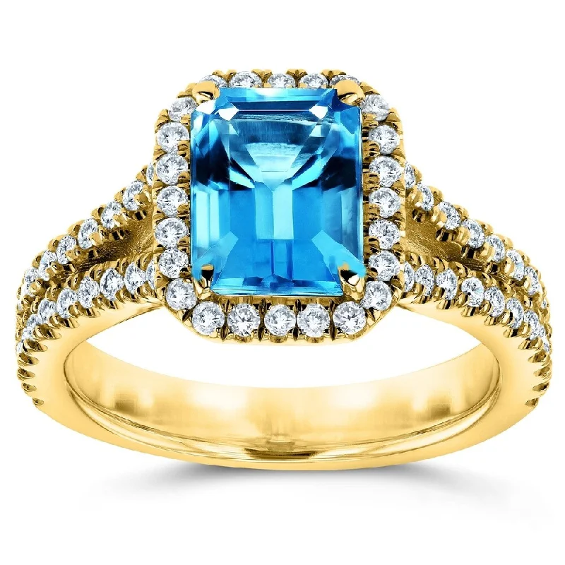 Annello by Kobelli 14k White Gold 2ct TGW Emerald Cut Swiss Blue Topaz and Diamond Halo Split Shank Gemstone Ring