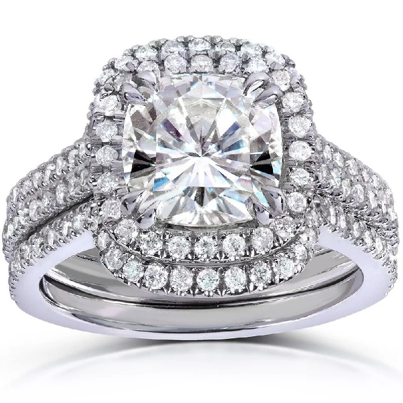 Annello by Kobelli 14k White Gold 2ct TGW Moissanite 5/8ct TDW Diamond Halo Bridal Set