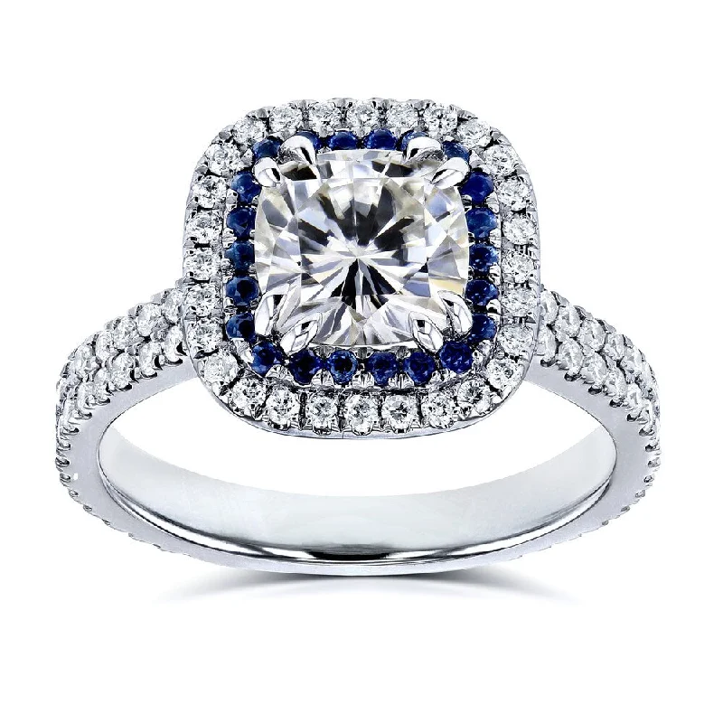 Annello by Kobelli 14k White Gold 2ct TGW Moissanite with Diamond and Sapphire Cushion Halo Engagement Ring