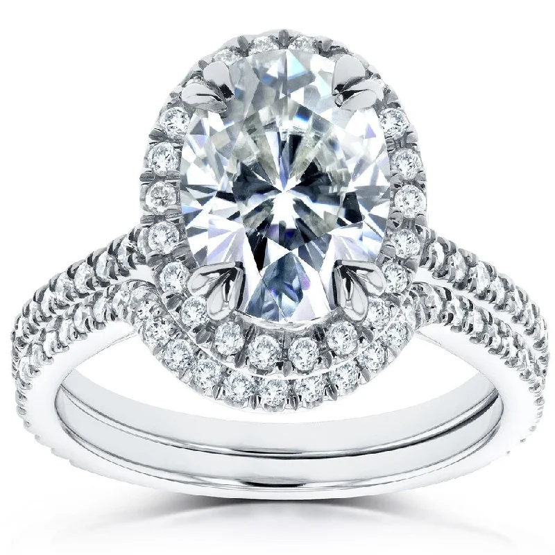 Annello by Kobelli 14k White Gold 2ct TGW Oval Moissanite and Diamond Halo 2 Piece Bridal Set