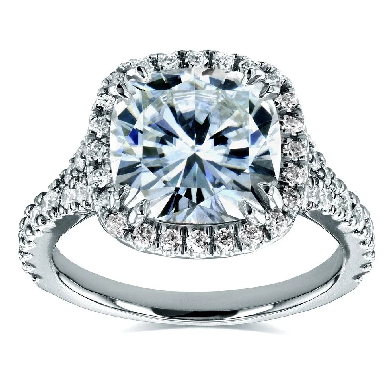 Annello by Kobelli 14k White Gold 3 1/3ct TGW Cushion Moissanite and 1/2ct Diamond Halo Cathedral Ring (GH/VS, GH/I)