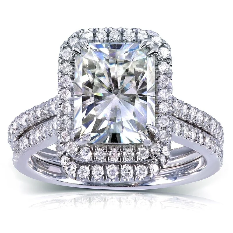 Annello by Kobelli 14k White Gold 3 1/6ct TGW Radiant-cut Moissanite and Diamond Halo Bridal Ring Set