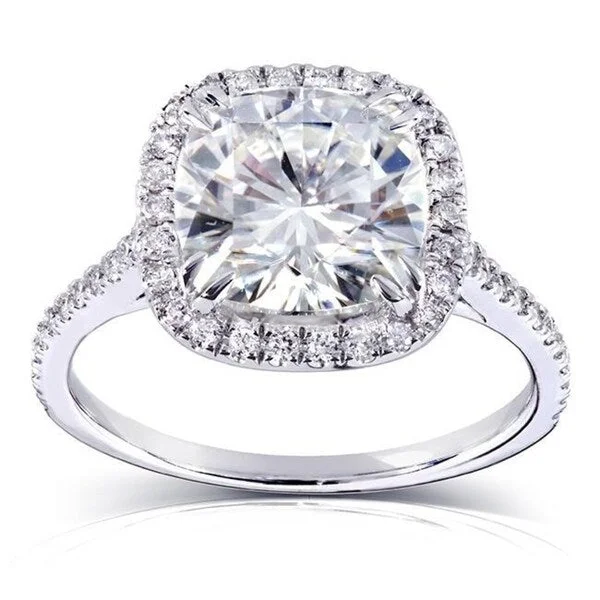 Annello by Kobelli 14k White Gold 3ct TGW Cushion Forever One 8.5mm Moissanite and Natural Diamond Halo Engagement Ring