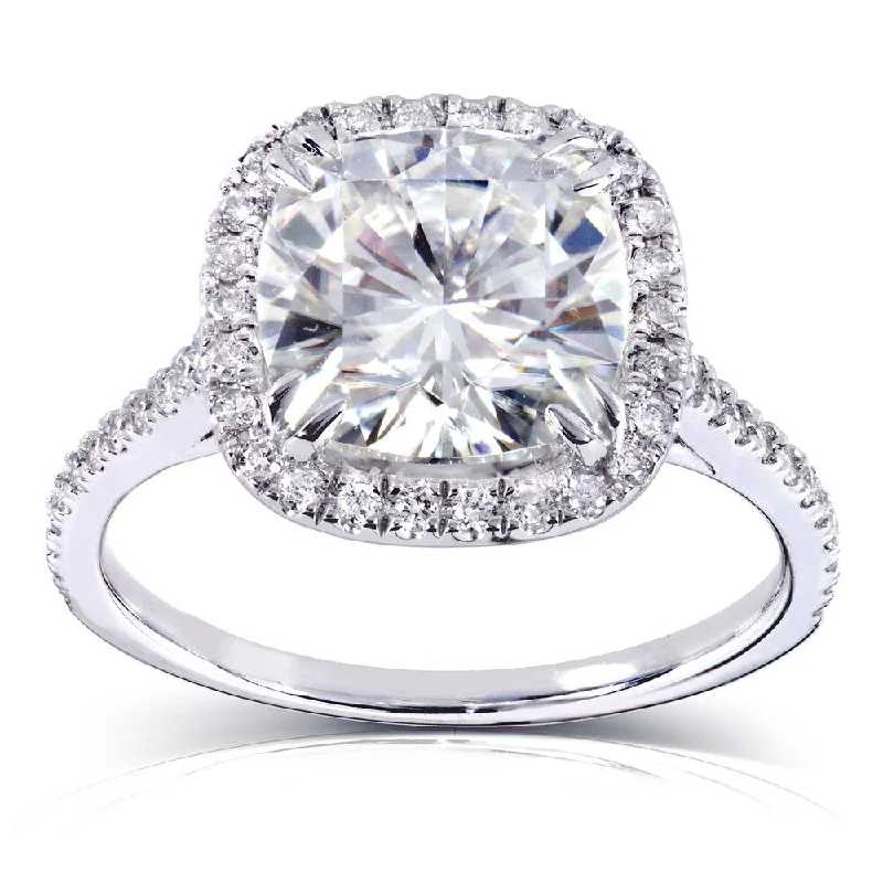 Annello by Kobelli 14k White Gold 3ct TGW Cushion Moissanite and Diamond Halo Engagement Ring