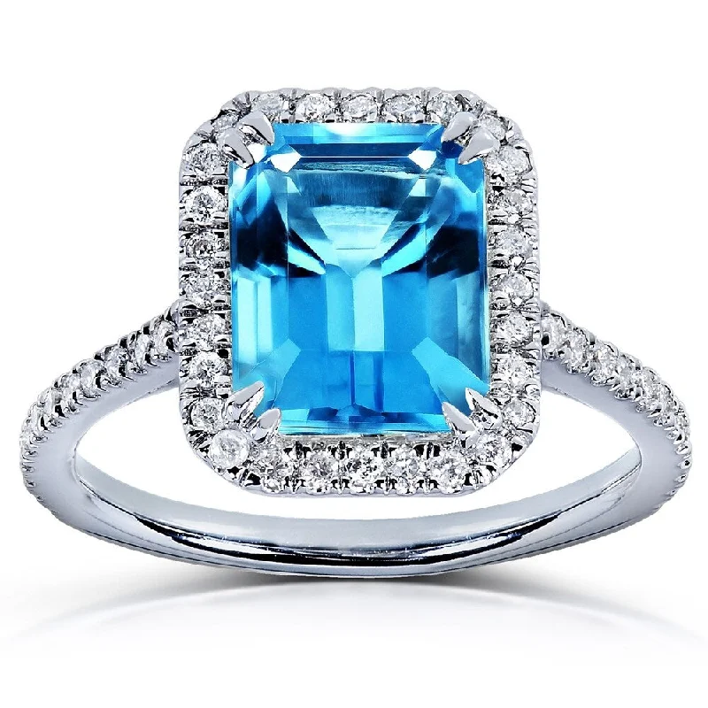 Annello by Kobelli 14k White Gold 3ct TGW Emerald Cut Swiss Blue Topaz and Diamond Halo Gemstone Ring