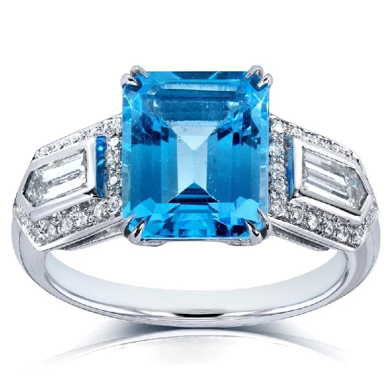 Annello by Kobelli 14k White Gold 4 1/2ct TGW Emerald-cut Blue Topaz and Bullet-cut Diamond Art Deco Ring