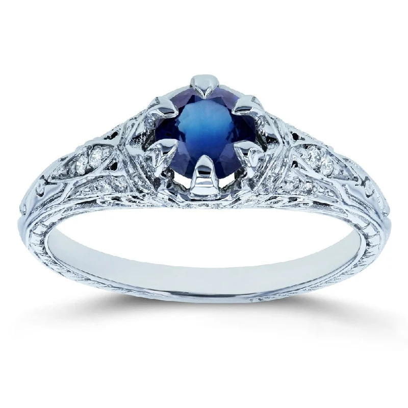 Annello by Kobelli 14k White Gold 5/8ct TGW Sapphire and Diamond 6-Prong Antique Engagement Ring