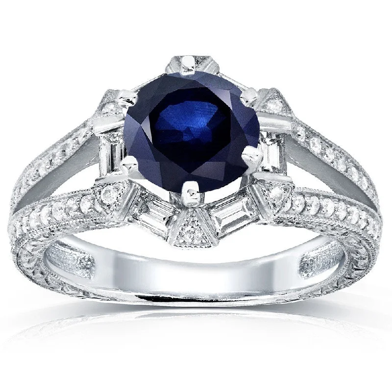 Annello by Kobelli 14k White Gold Blue Sapphire and 1/2ct TDW Diamond Art Deco Ring (G-H,