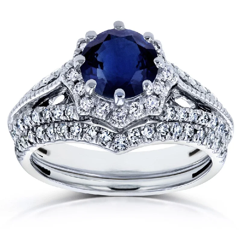 Annello by Kobelli 14k White Gold Blue Sapphire and 1/2ct TDW Diamond Star Halo Bridal Set (H-I, I1-I2)