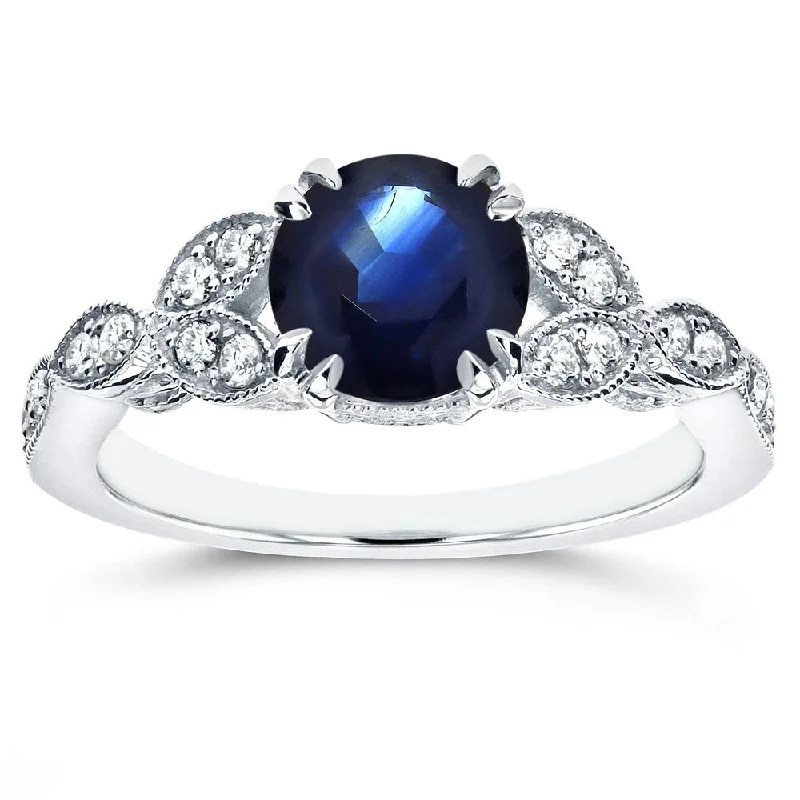 Annello by Kobelli 14k White Gold Blue Sapphire and 1/5ct TDW Diamond Antique Engagement Ring