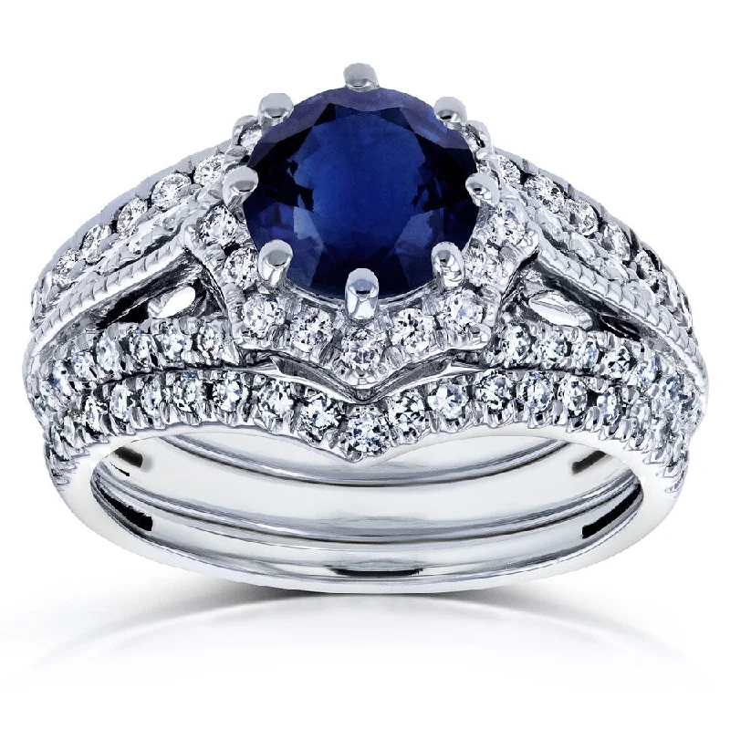 Annello by Kobelli 14k White Gold Blue Sapphire and 5/8ct TDW Diamond Star Halo 3-Ring Bridal Set (H-I, I1-I2)