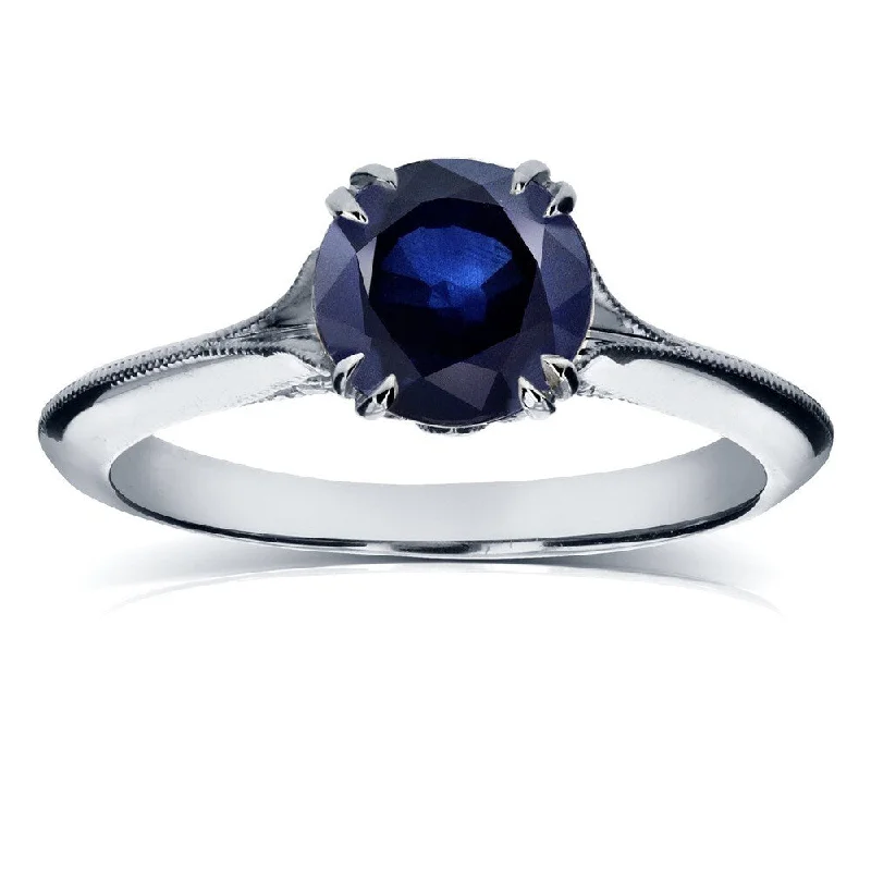 Annello by Kobelli 14k White Gold Blue Sapphire and Diamond Antique Flower Head Soft Knife Edge Ring