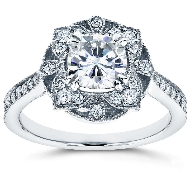 Annello by Kobelli 14k White Gold Cushion Forever One Moissanite and 1/4ct TDW Diamond Floral Antiqu