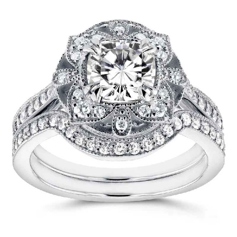 Annello by Kobelli 14k White Gold Cushion Moissanite and 1/2ct TDW Diamond 2-Piece Floral Antique Bridal Set