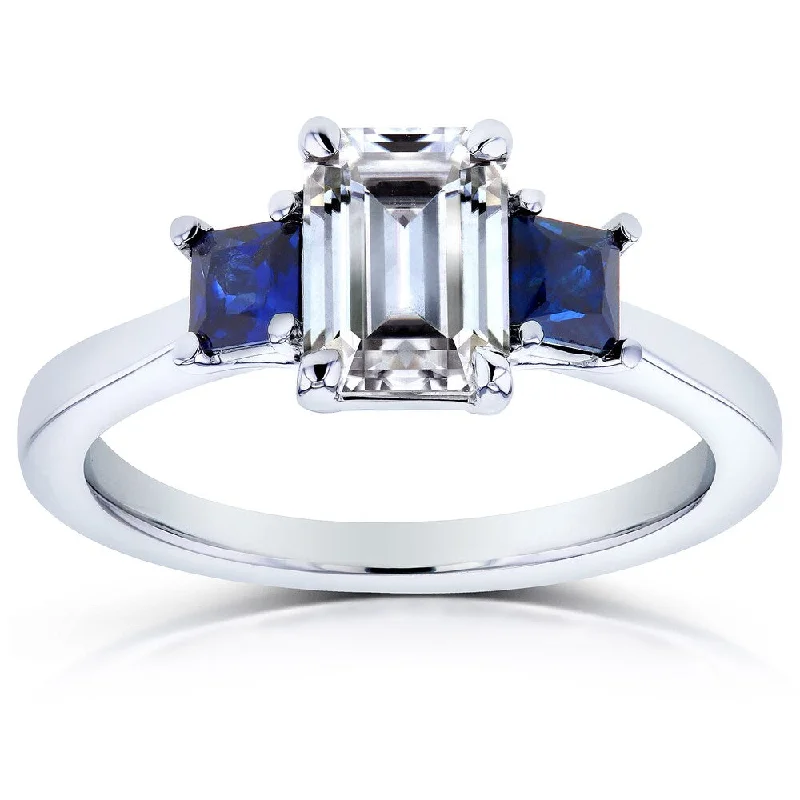 Annello by Kobelli 14k White Gold Emerald Cut Three Stone Moissanite and Blue Sapphire, Diamond Accented Engagement Ring