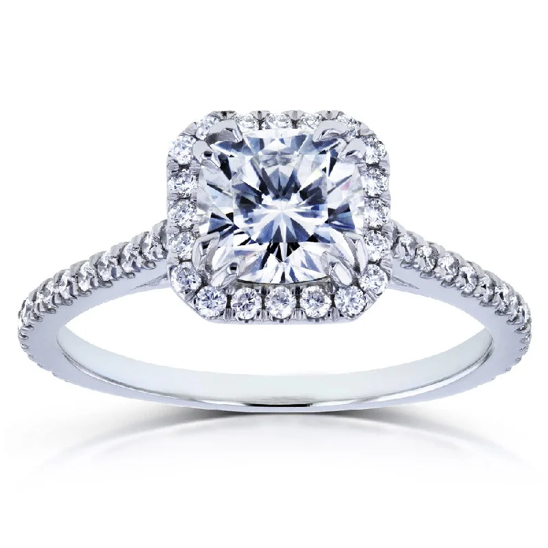 Annello by Kobelli 14k White Gold Forever One Cushion Moissanite and 1/3ct TDW Diamond Halo Engagement Ring (GH, I1-I2)