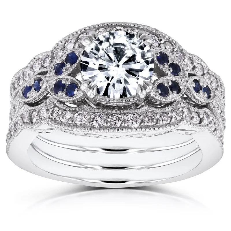 Annello by Kobelli 14k White Gold Forever One Moissanite Blue Sapphire and 1/2ct TDW Diamond Vintage Floral 3-P