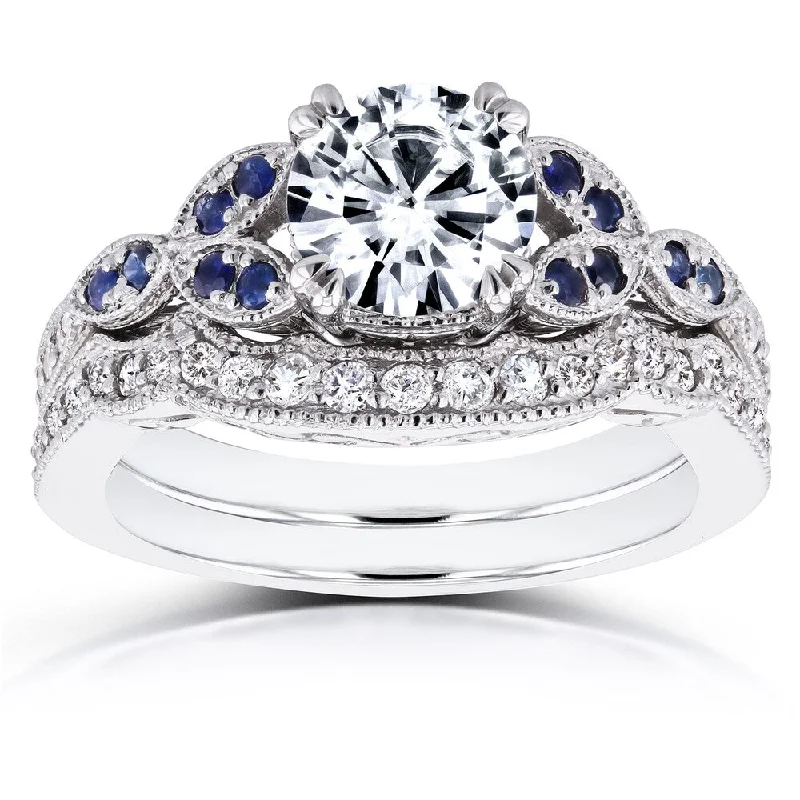 Annello by Kobelli 14k White Gold Forever One Moissanite Blue Sapphire and 1/4ct TDW Diamond Vintage Floral Bri