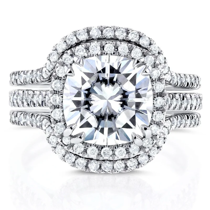 Annello by Kobelli 14k White Gold Moissanite and 3/4ct TDW Diamond Halo 3-Piece Bridal Rings Set