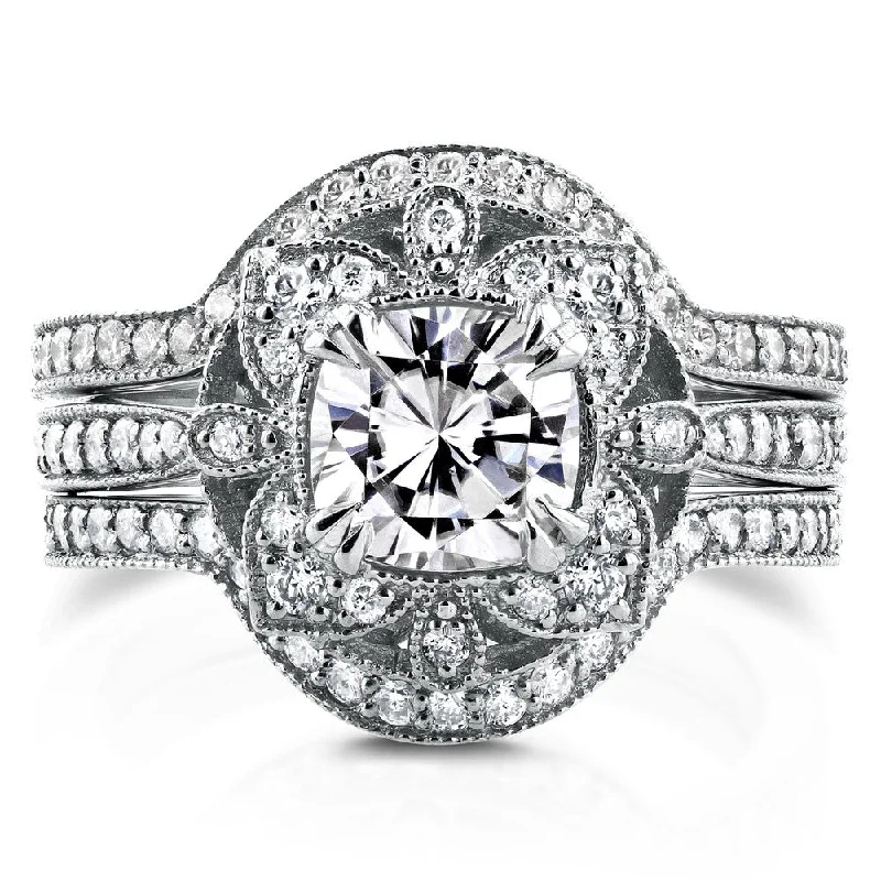 Annello by Kobelli 14k White Gold Moissanite and 5/8ct TDW Diamond 3-Piece Floral Antique Bridal Set