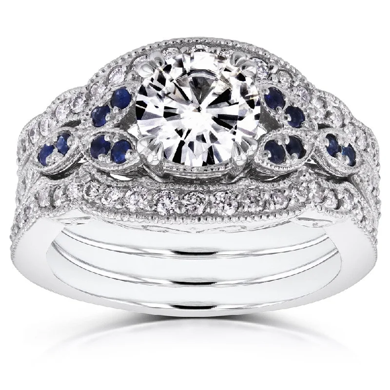 Annello by Kobelli 14k White Gold Moissanite Blue Sapphire and 1/2ct TDW Diamond Vintage Floral 3-Piece Bridal