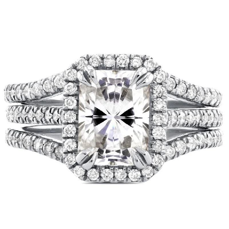 Annello by Kobelli 14k White Gold Radiant Cut Moissanite and 3/5ct TDW Halo Diamond 3-Piece Bridal Rings Set