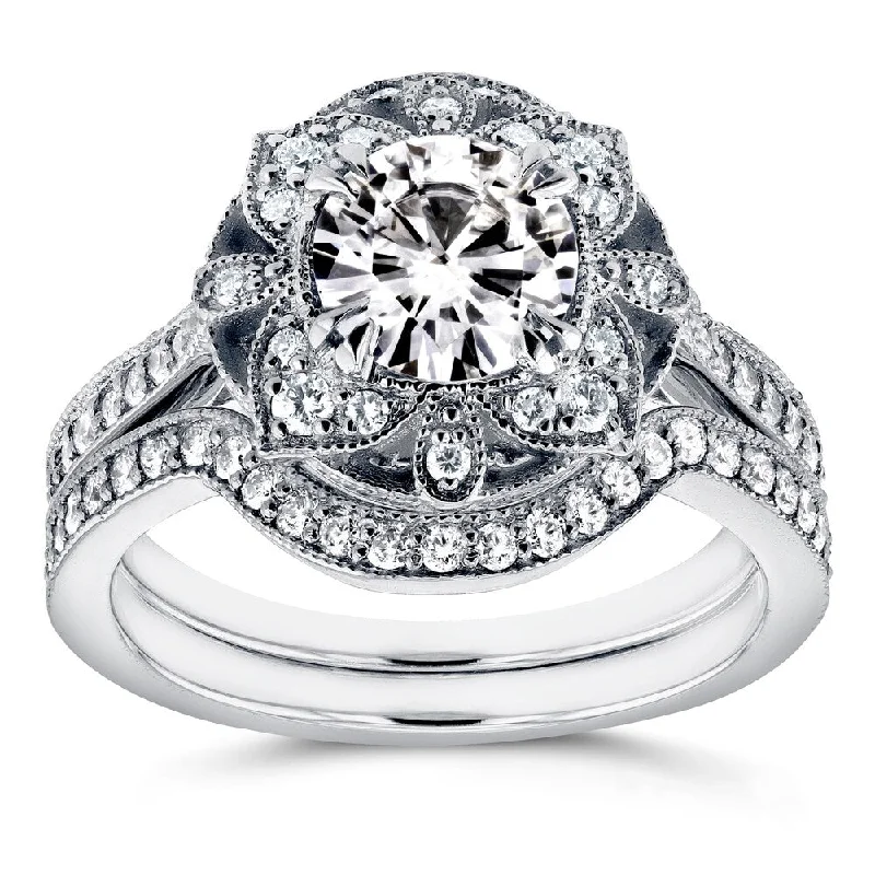 Annello by Kobelli 14k White Gold Round Moissanite and 1/2ct TDW Diamond 2-Piece Floral Antique Brid