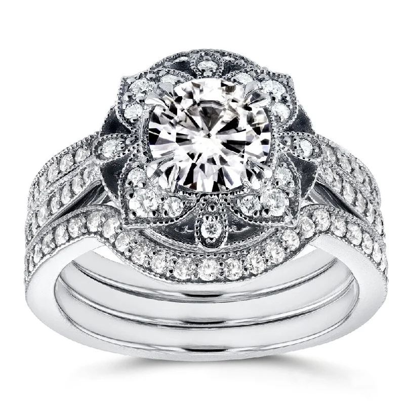 Annello by Kobelli 14k White Gold Round Moissanite and 5/8ct TDW Diamond 3-Piece Floral Antique Brid