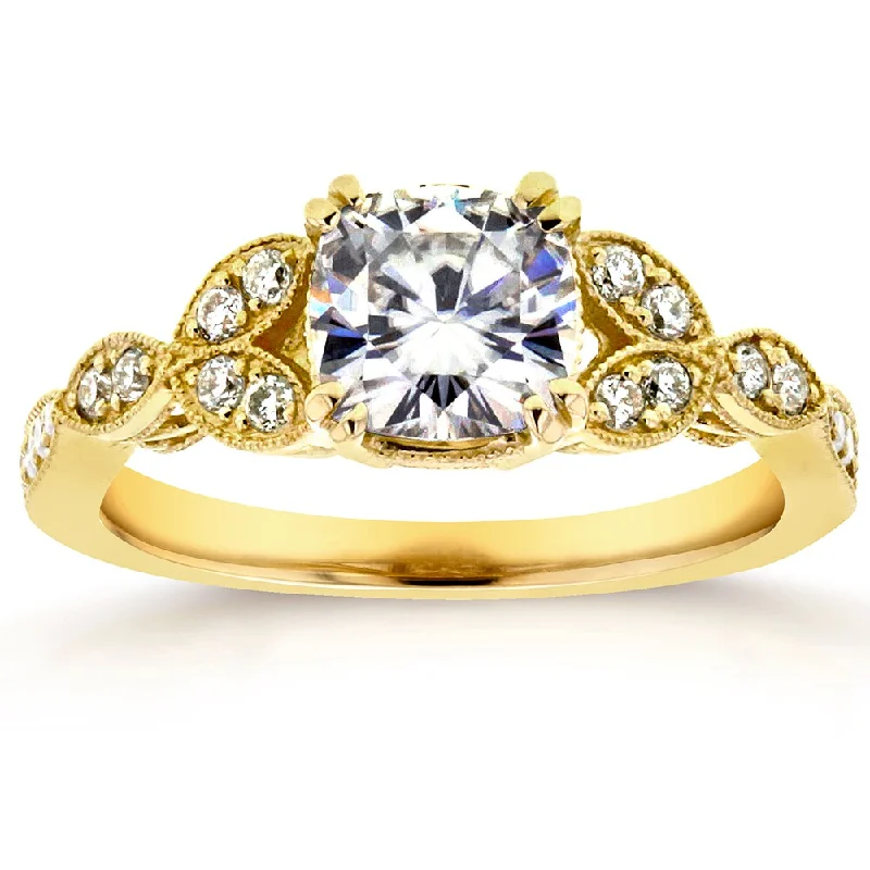 Annello by Kobelli 14k Yellow Gold 1 1/10ct Cushion Forever Moissanite and 1/5ct TDW Diamond Floral