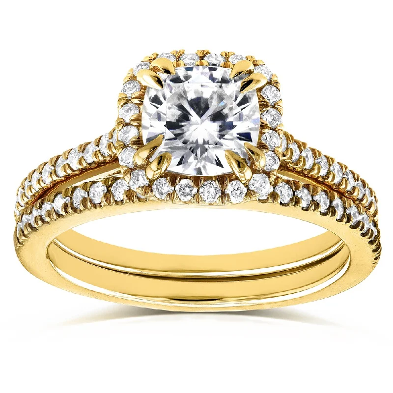 Annello by Kobelli 14k Yellow Gold 1 1/2ct TCW Forever One Colorless (DEF) Moissanite and Diamond Bridal Rings Set