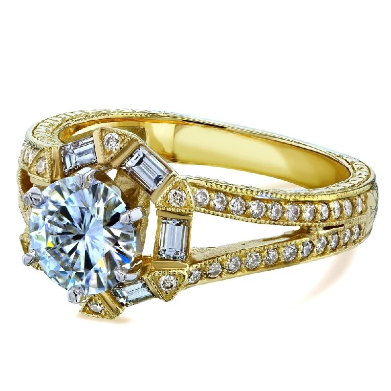 Annello by Kobelli 14k Yellow Gold 1 1/2ct TCW Forever One Moissanite Diamond Open Shank Art Deco Engagement Ring