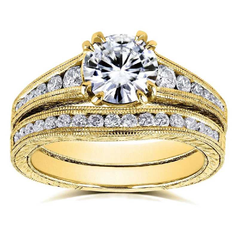 Annello by Kobelli 14k Yellow Gold 1 1/2ct TGW Forever One Moissanite and Diamond Bridal Set