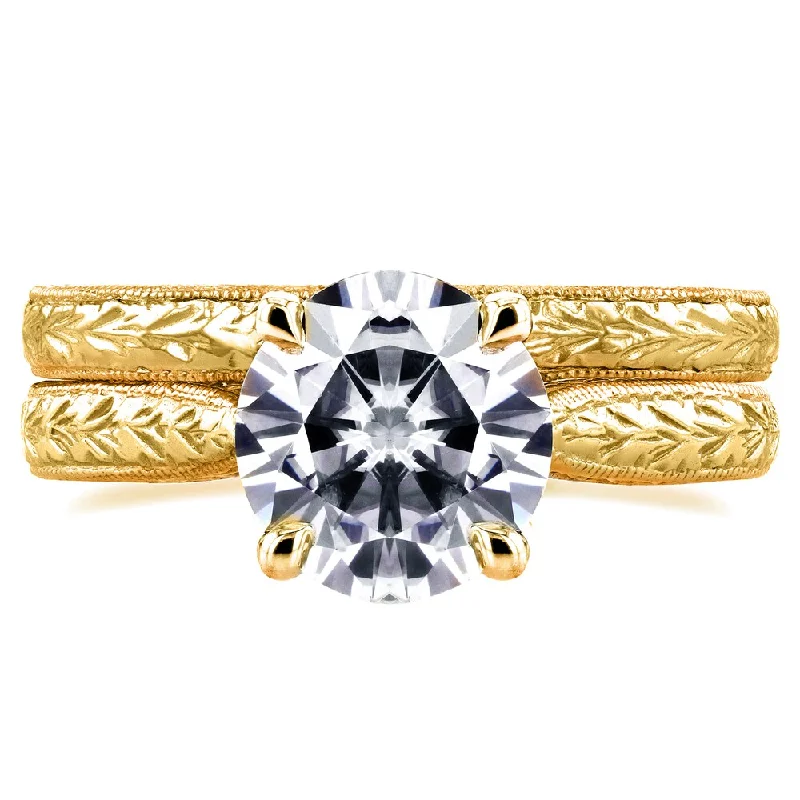 Annello by Kobelli 14k Yellow Gold 1 1/2ct TGW Moissanite and Diamond Antique Cathedral Bridal Rings