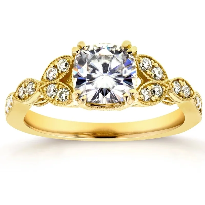 Annello by Kobelli 14k Yellow Gold 1 1/3ct TGW Cushion-cut Moissanite and Diamond Vintage Floral Engagement Ring