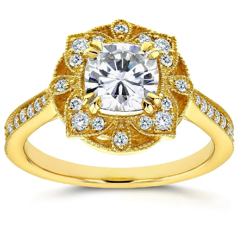 Annello by Kobelli 14k Yellow Gold 1 1/3ct TGW Cushion Moissanite and Diamond Floral Antique Ring