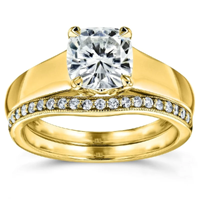 Annello by Kobelli 14k Yellow Gold 1 1/4ct TGW Cushion Moissanite and Diamond Wide Band Wedding Rings (GH/VS, GH/I)