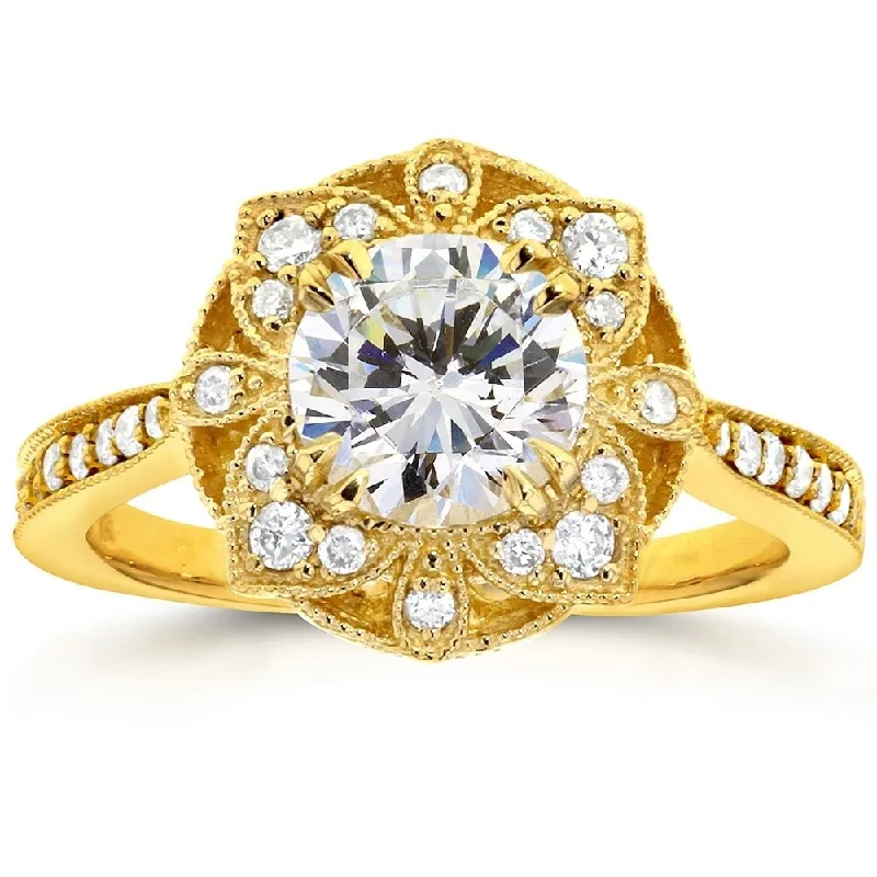 Annello by Kobelli 14k Yellow Gold 1 1/4ct TGW Moissanite and Diamond Vintage Floral Engagement Ring