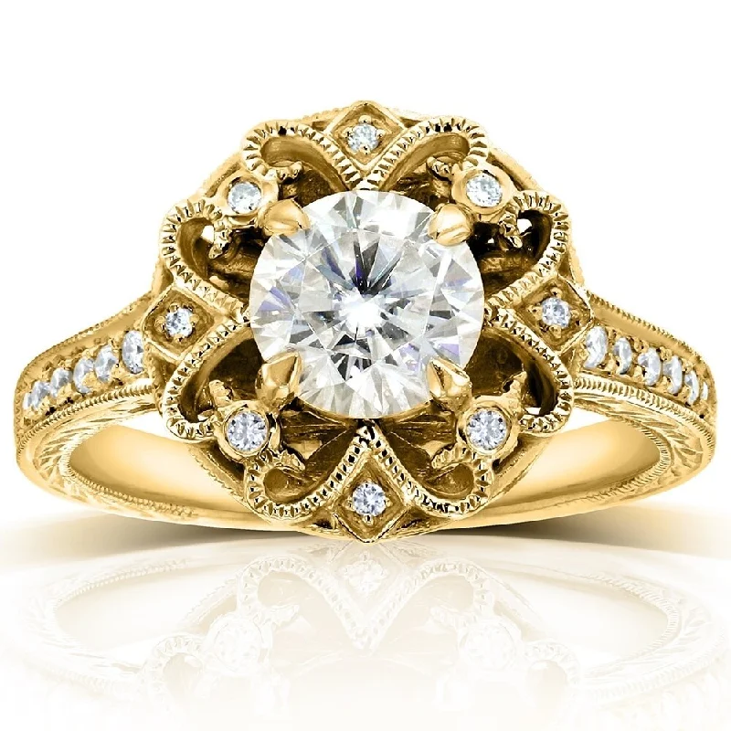 Annello by Kobelli 14k Yellow Gold 1 1/5ct TGW Moissanite and Diamond Floral Vintage Engagement Ring