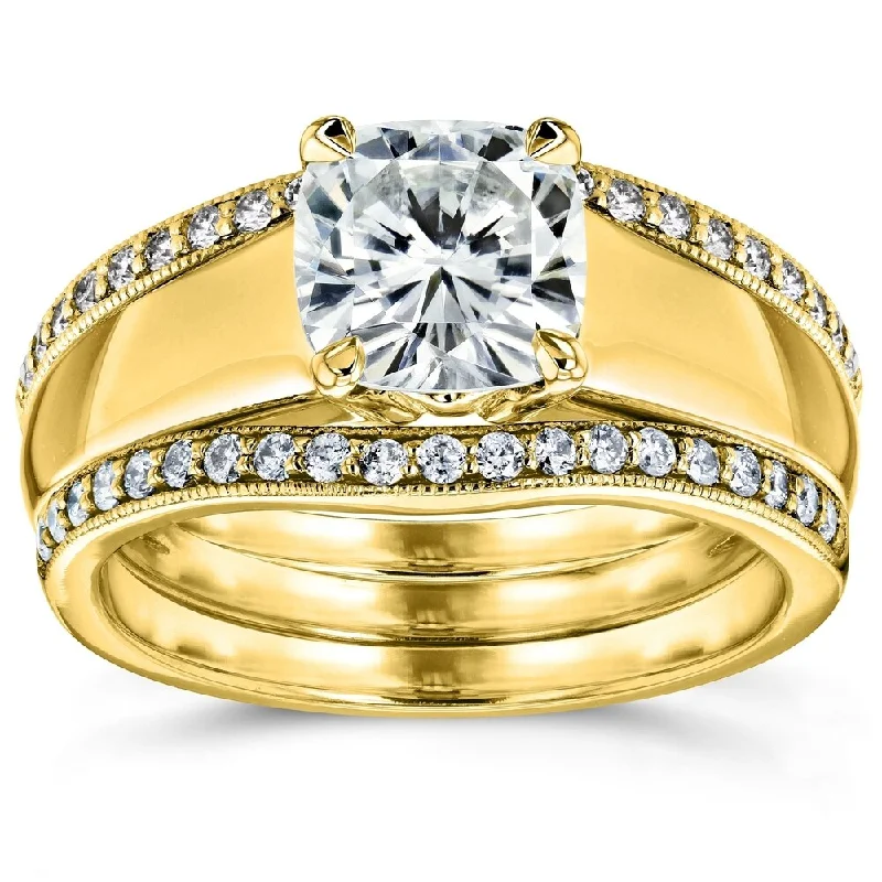 Annello by Kobelli 14k Yellow Gold 1 2/5ct TGW Cushion Cut Moissanite Solitaire and Diamond Double Band (GH/VS, GH/I)