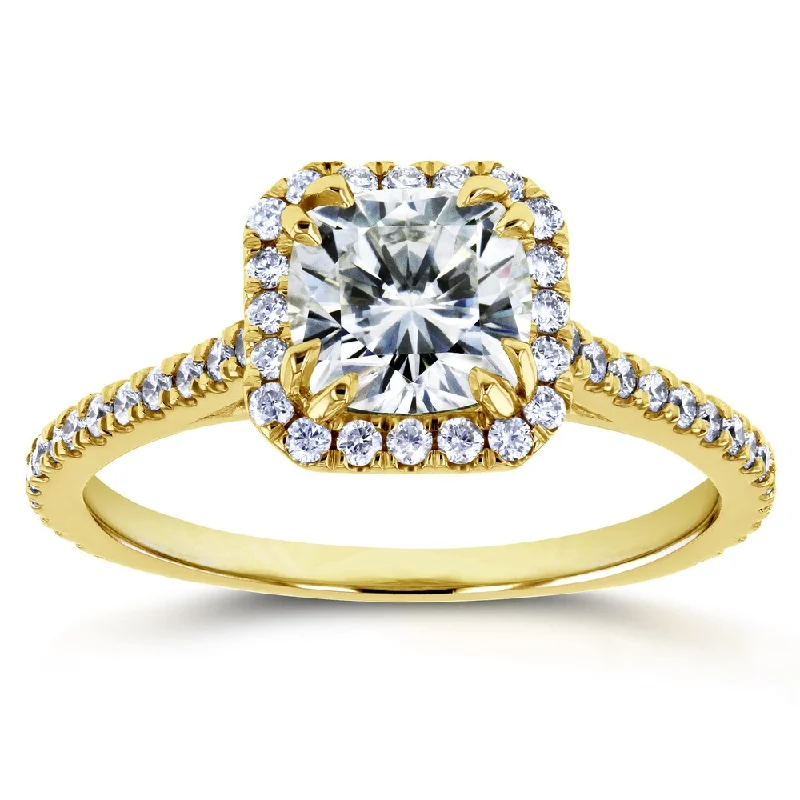 Annello by Kobelli 14k Yellow Gold 1 2/5ct TGW Cushion Moissanite and Diamond Halo Engagement Ring