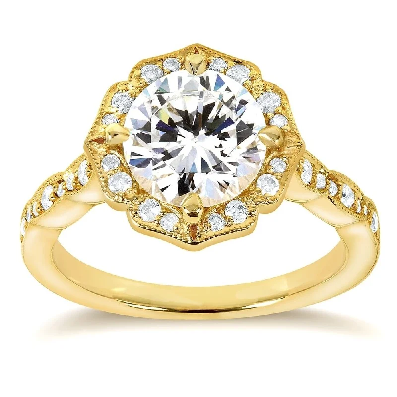 Annello by Kobelli 14k Yellow Gold 1 3/4ct TGW Moissanite and Diamond Vintage Floral Engagement Ring