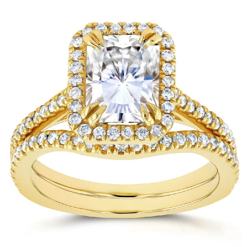 Annello by Kobelli 14k Yellow Gold 2 1/4ct TGW Radiant Cut Moissanite and Diamond Halo 2-Piece Bridal Set