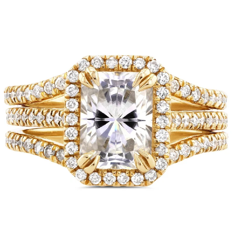 Annello by Kobelli 14k Yellow Gold 2 2/5ct TGW Radiant Cut Moissanite and Diamond Halo 3-Piece Bridal Rings Set