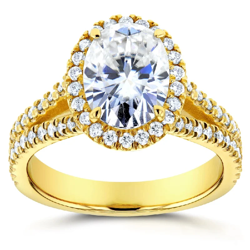 Annello by Kobelli 14k Yellow Gold 2ct TGW Moissanite and Diamond Oval Halo Split Shank Engagement Ring