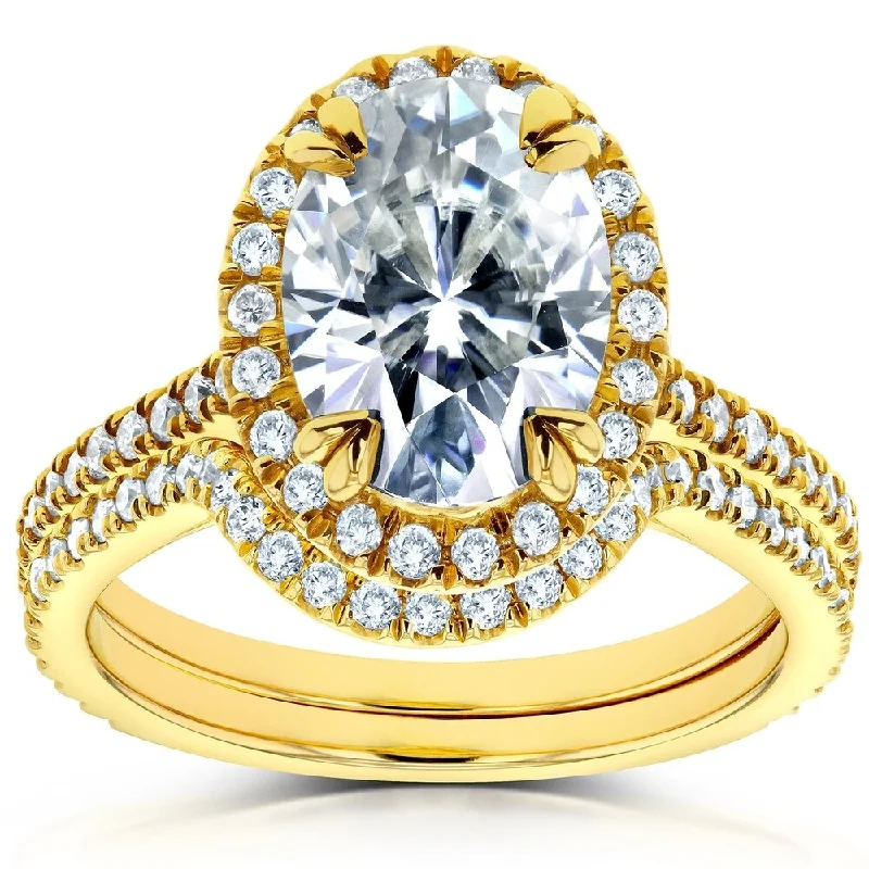 Annello by Kobelli 14k Yellow Gold 2ct TGW Oval Moissanite and Diamond Halo 2 Piece Bridal Set